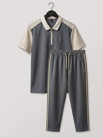 Men's Premium Half-Zip Polo Tracksuit Set | Export Quality | Soft Performance Fabric | Grey & Beige | S–2XL