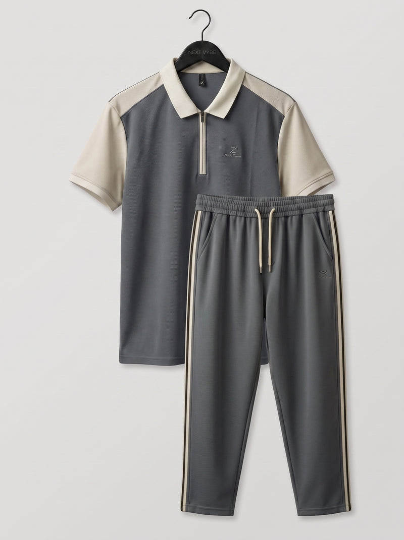 Men's Premium Half-Zip Polo Tracksuit Set | Export Quality | Soft Performance Fabric | Grey & Beige | S–2XL